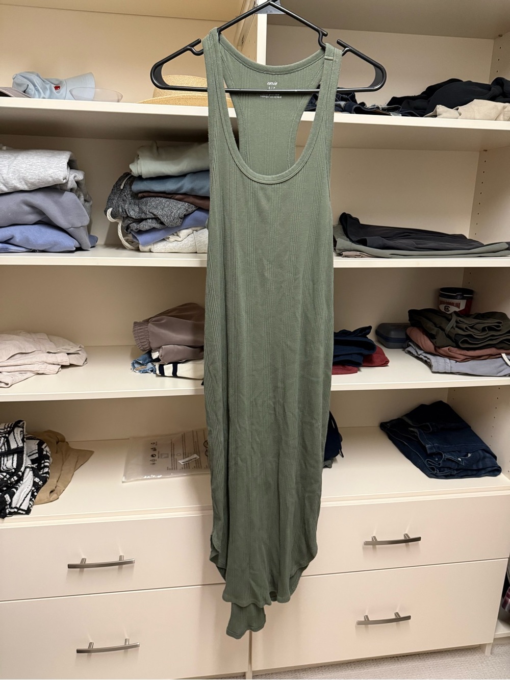 Aerie Sleeveless Ribbed Maxi Dress in Olive Green